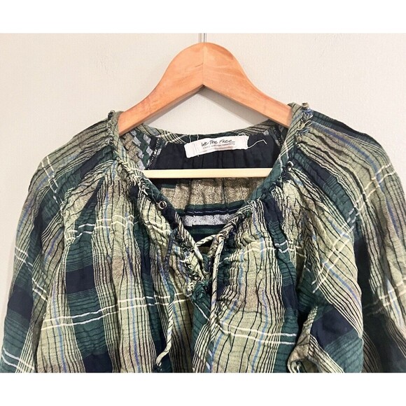 Free People Plaid Tunic Top Oversize Raw Hem Pullover Green Cloudbreaker XS - Picture 4 of 9